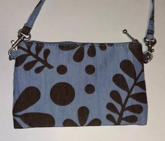 BLUE AND BROWN NYLON/CANVAS LIKE MINI PURSE DETACHABLE HANDLE WILL HOLD IPHONE