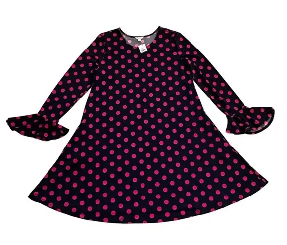 Est. 1946  Dress Dark Blue Pink Polka Dots Long Bell Sleeves Swing Large NEW