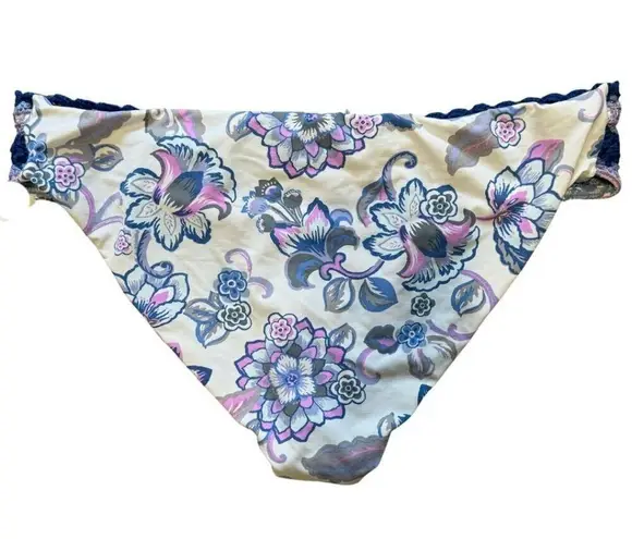 Becca Crochet Floral Swim Bathing Suit Bikini Bottoms Cream Blue NWT Large