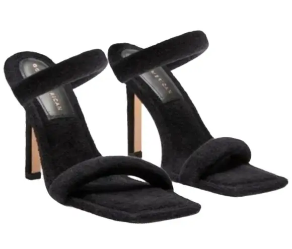 Good American black slip on terry cloth heeled sandal | square toe