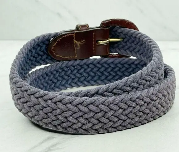 Vintage Blue  Braided Woven Belt with Brown Genuine Leather Trim Size Small S