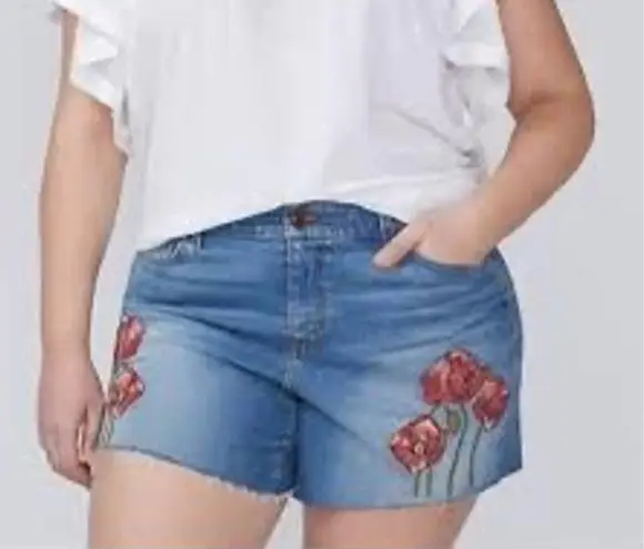 Lane Bryant  Girlfriend Raw Hem Blue Denim Shorts Floral Embroidered NWT Sz 28