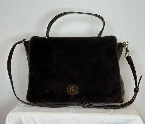 Varriale Italian Dark Brown Leather And Shearling Messenger Bag Adjustable Strap