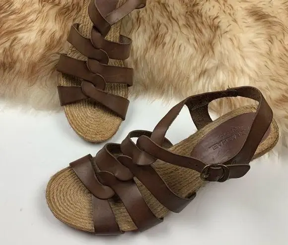 Eric Michael Brown Leather Wedge Espadrille Sandals Hobo Woven