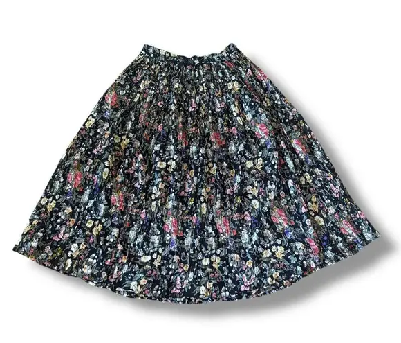 Vintage 90s Black Dark Floral Crinkle Maxi Skirt Pleated Semi Sheer Tie Waist Size L