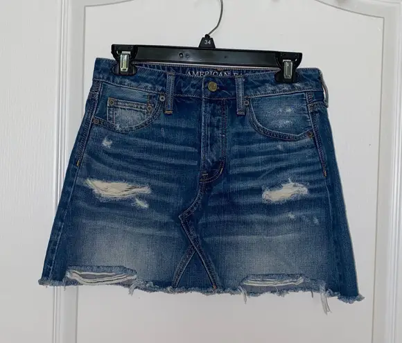 American Eagle Light Wash Distressed Mini Skirt