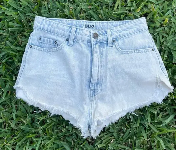 BDG  acid wash Super High Rise Dolphin frayed cut off denim shorts