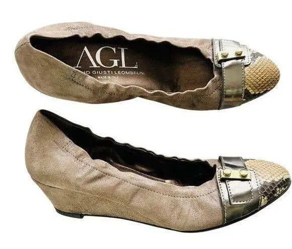 AGL Cap Toe Low Wedge Brown Suede Size 39 Snake Buckle Comfort