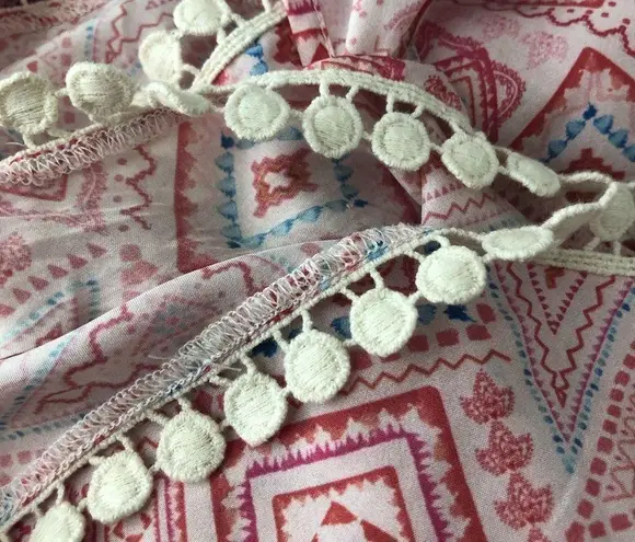 Paloma Blue Silk Pink Geometric Print Crochet Trim Romper Playsuit size Large