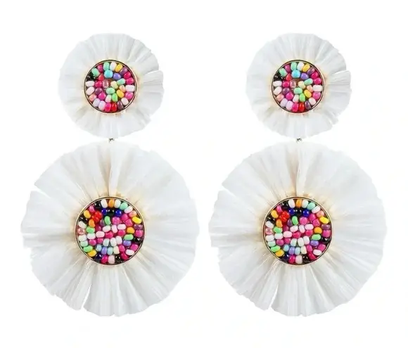 Boho Beaded Rattan Raffia Summer Statement Earrings Dangle Rainbow White 2.5"
