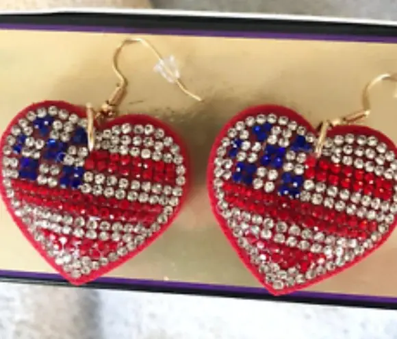 Patriotic Rhinestone Earrings Heart Labor Day July 4th Veterans Memori…