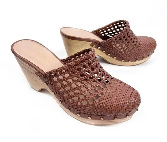 Veronica Beard NEW  Hardie Woven Leather Clogs Hazelwood Brown 8 Boho Earthy