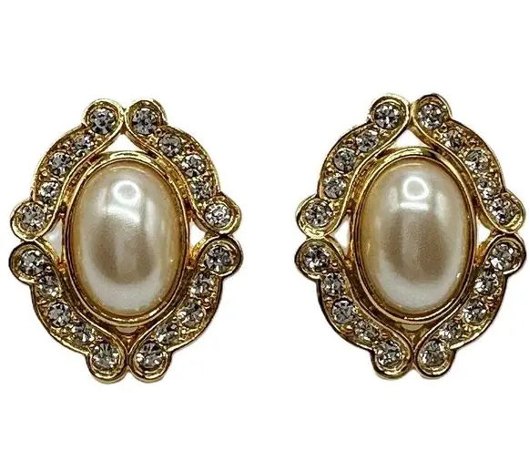 Vintage Gold Framed Pearl and Rhinestone Costume Earrings Large Statement Glam