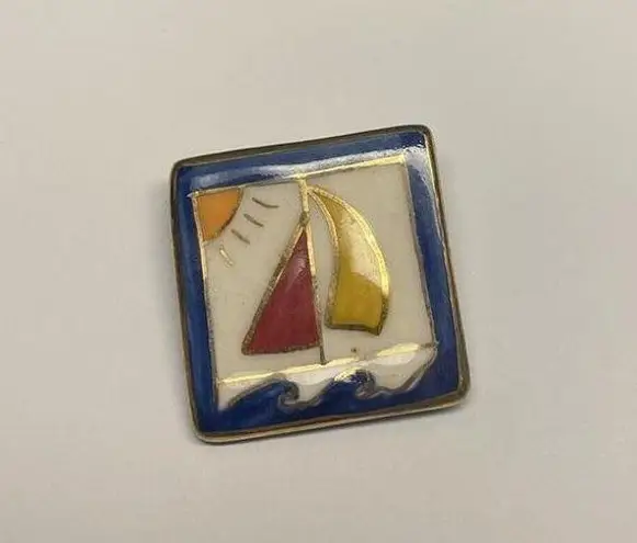 Hand Made Hand Crafted Ceramic Brooch Pin Sailboat Boat Hand Painted