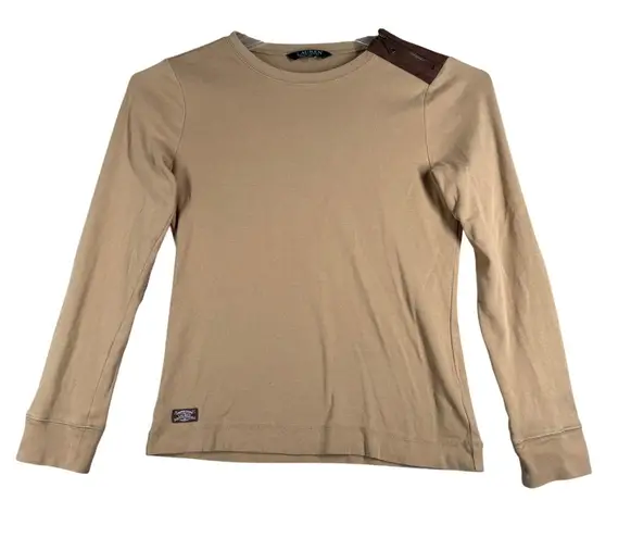 Lauren Ralph Lauren Shirt Tan Elbow Patch Shoulder Zip Detail Top Womens Small Brown