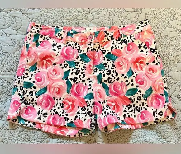 JADE Rose Print Side Scalloped Polished Cotton Stretch Shorts Sz 10 Pink