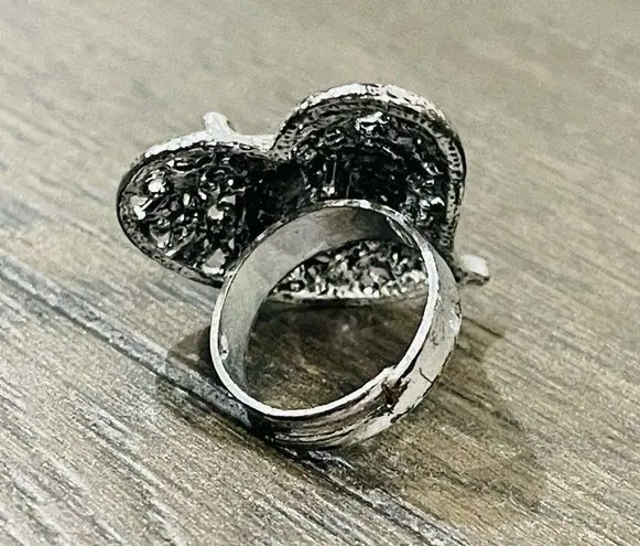 Silver Metal Rhinestone Heart Adjustable Ring