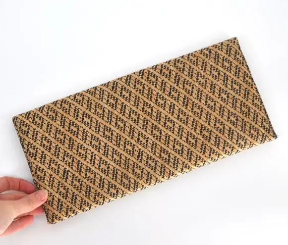 Club Monaco Straw Raffia Magnetic Flap Clutch Wallet in Tan and Black