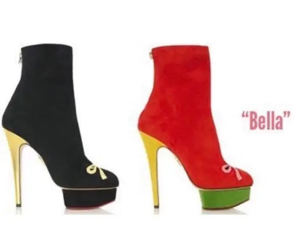 Charlotte Olympia Bella red yellow green suede colorblock mid-calf boots size 35