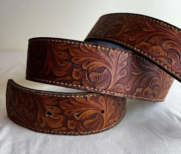 Retro Faux Leather Belt Brown Floral Tooled No Buckle Western Country Boho XL Size 40