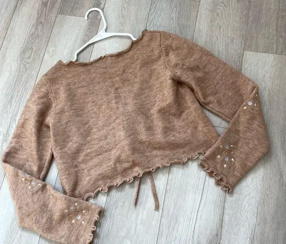Cider Embroidered Cardigan Sweater Brown medium floral open tie front coquette