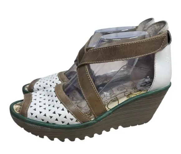 Fly London White Brown Cutout Leather Wedge Sandals Women’s Size 40 US 8-8.5