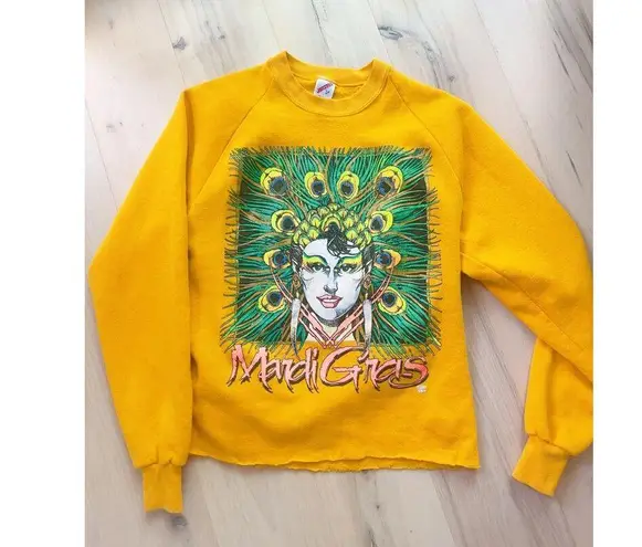 Vintage 80s Sweatshirt Mardi Gras Large Graphic Bright Size L Jerzees tag Fun Yellow