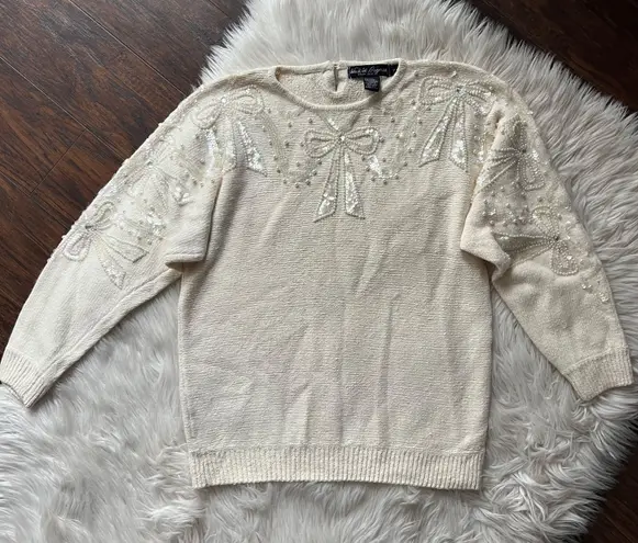 Vintage Cream Bow Embellished Sweater White Size M