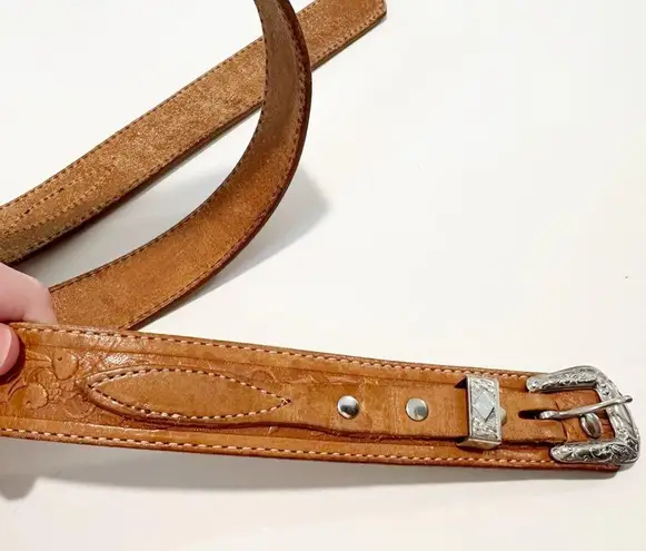 Tooled Leather Western Southwestern Buckle Waist Belt Tan