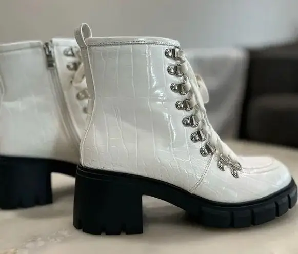 Simmi London White Croc Print Lace up Chunky Ankle Boots