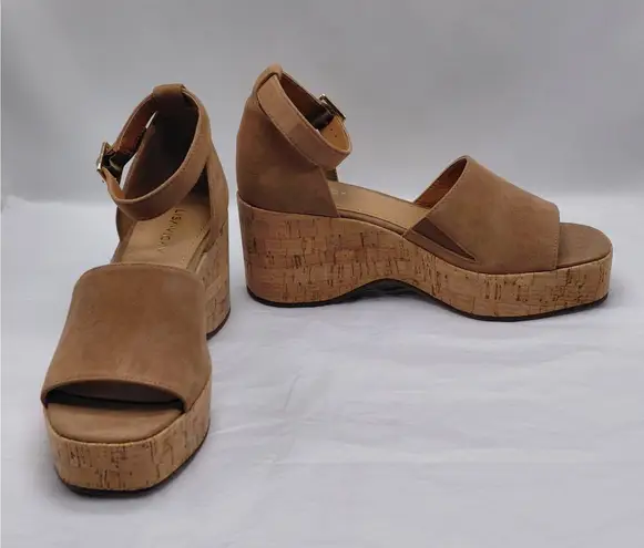 Lisa + Vicky Suede Cork Platform Wedge Sandals Women's 7M Tan Minimalist Shoes Size 7
