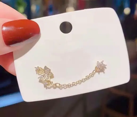 18K Gold Plated Double Pierced Holes Tassel Chain Butterfly Stud Earrings for Women