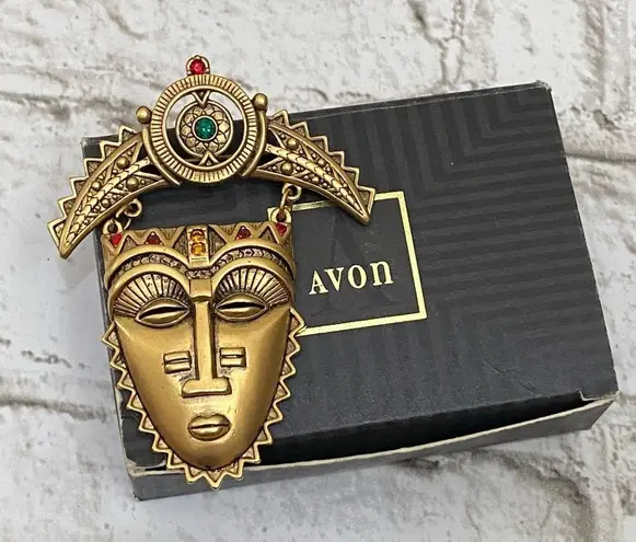 Vintage AVON African Tribal Mask Face Rhinestones Brooch