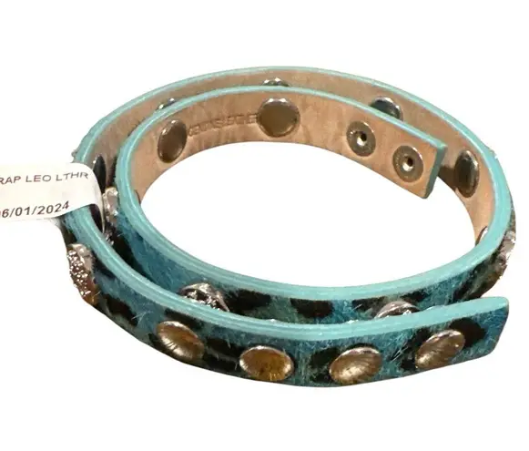 Rustic Cuff LEOPARD BLUE MEAGEN LEATHER CALFSKIN SILVER DOUBLE WRAP BRACELET