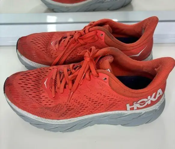 Hoka One One Womens Clifton 7 Running Shoes Orange Gray Size 8.5