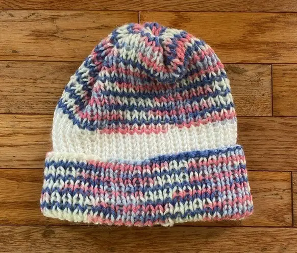 pink purple blue white striped hand knit ribbed beanie hat