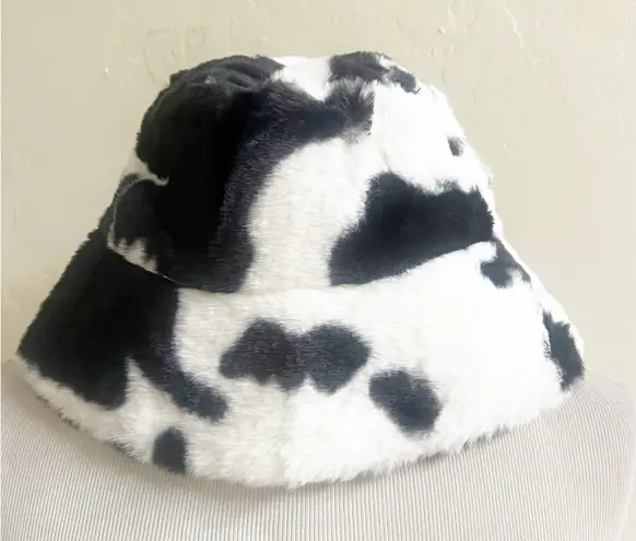 Faux Fur Cow Print Bucket Hat Black NWOT Boutique Western Coastal Cowgirl