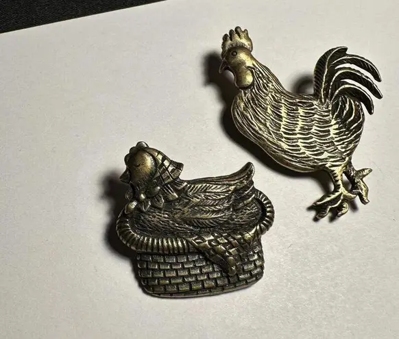 Lot Of 2 Chicken Bird Brooch Pins Rooster / Hen In A Basket