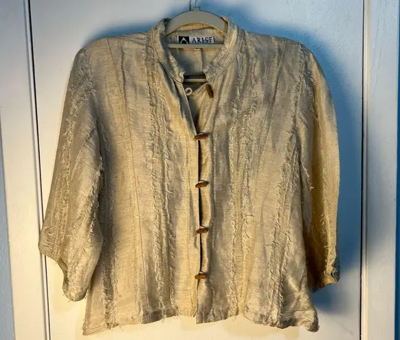 VTG Arise Linen Silk Jacket Medium Beige Fringe Seams Wooden Buttons Boho
