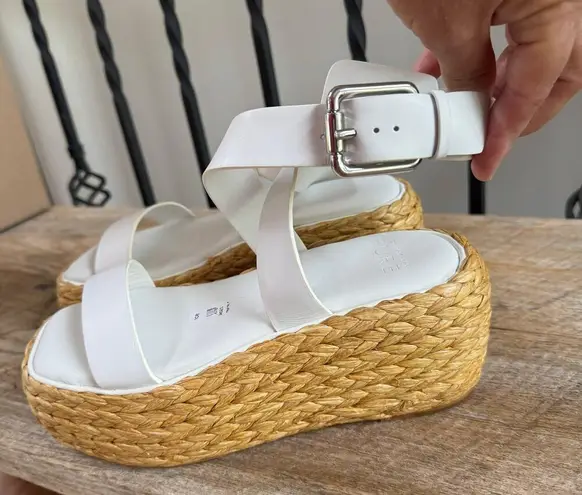 Donna Karan PURE Lolah White Leather Raffia Platform Wedge Sandals Ankle Wrap