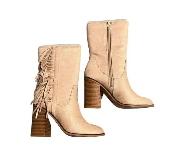 Soda Cowboy Boots Womens 7.5 Nude Tan Faux Suede Side Zip Fringe Calf High NEW