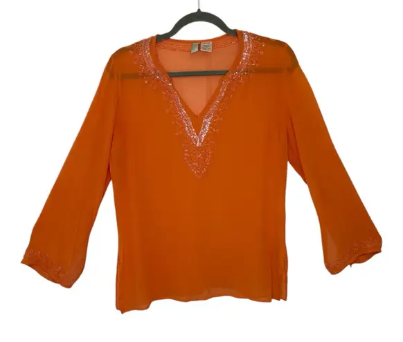 Itsu Silk Bright Orange Embellished Coastal Vacation Resortwear Blouse Top L Size 8