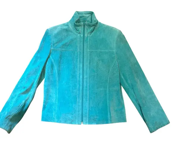 Vtg Yvonne Le Marie Teal Suede Genuine Leather Jacket Size 8 Zip up Lined Green