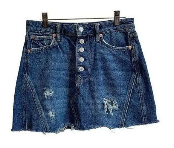 We The Free Free‎ People/ Denim A-Line Mini Skirt Dark Denim Distressed Frayed 27