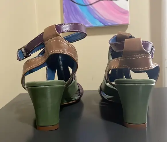 Lazio Collezione Leather Bubba Green Purple Brown 2.5” Wedge Sandals $195 EUC US Women 6.5 ; EUR 37