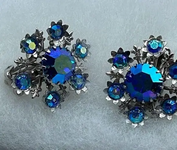 Vintage Blue  AB and silver clip earrings