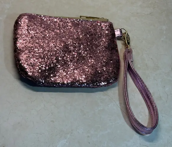 Pink Glitter Wristlet Coin Purse Small Zip Pouch Party Evening Bag