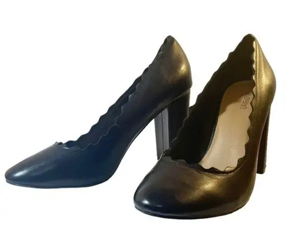 Crown Vintage Willow Black Leather Retro Scalloped Block Heel Pump Womens Size 9