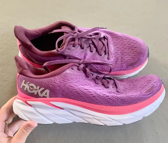 Hoka Womens Clifton 8 Purple and Pink Tennis Shoes 8.5B Running Sneakers