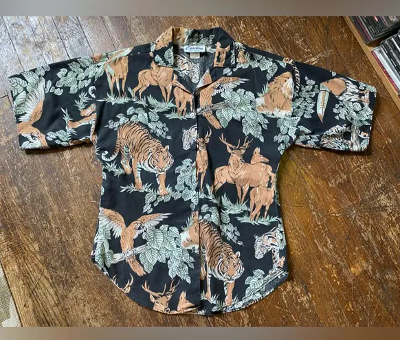 Vintage Caribou Black & Tan Tiger Print Shirt Size 10